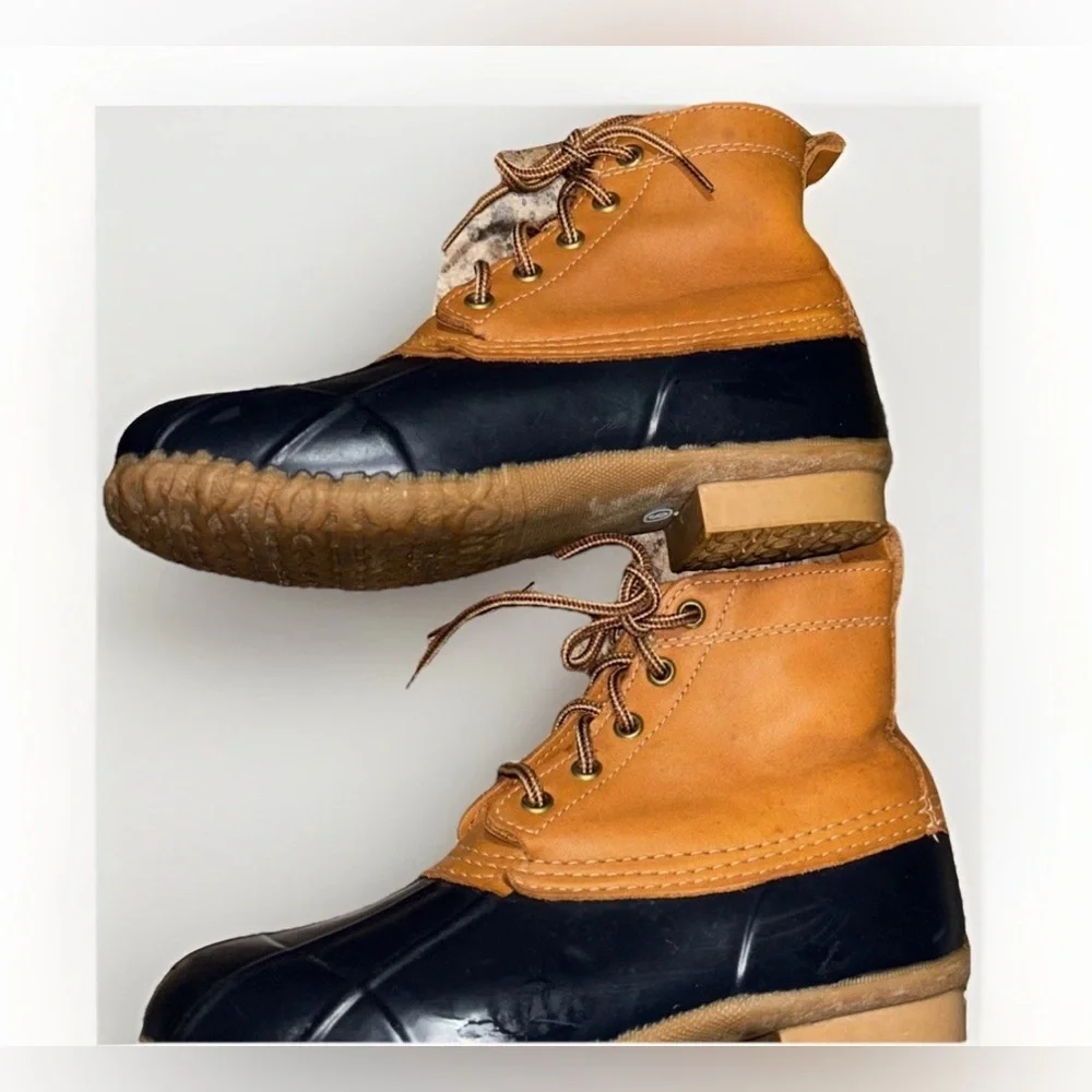 VTG Eddie Bauer Womens 6‎  Duck Boots Tan Leather Navy Lace Up Winter Rain Shoes